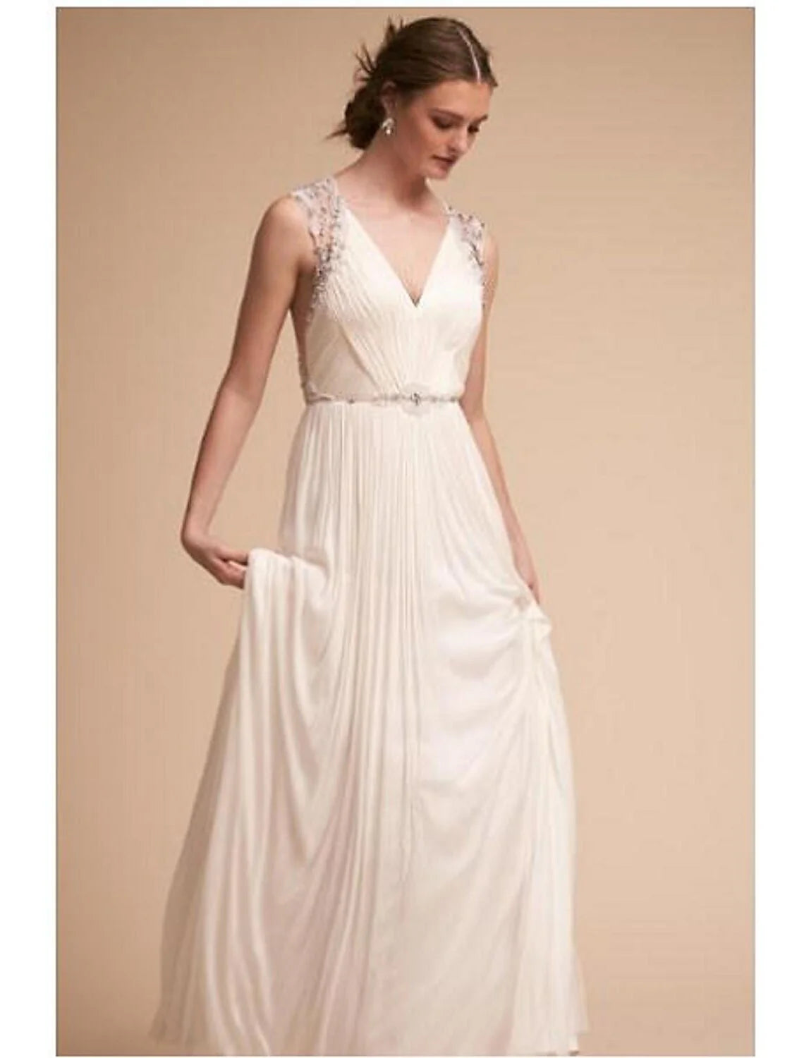 Wholesa Reception Wedding Dresses Princess V Neck Sleeveless Sweep / Brush Train Chiffon Bridal Gowns With Beading Appliques